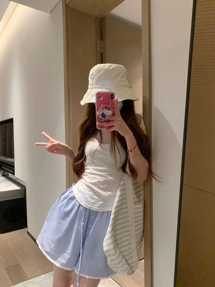 美式蓝色条纹休闲短裤女夏季高腰抽绳透气速干甜辣运动阔腿沙滩裤详情3