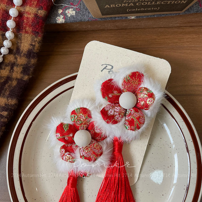 新款韩版红色系甜美蝴蝶结新年款发夹儿童布艺手工侧边碎发刘海夹pom.kr国潮醒狮龙纹红金发夹流苏珍珠装饰喜庆中式少女发饰详情6