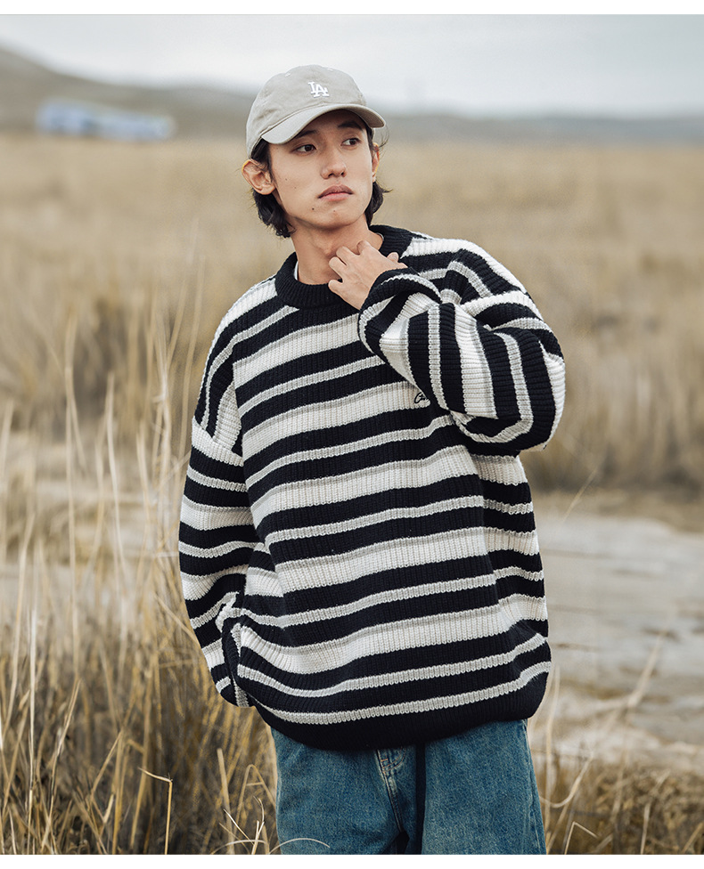 Retro color-blocking striped chunky knit sweater for both men and women, Japanese loose trendy round-neck knitted sweater jacket for autumn and winter pic 27