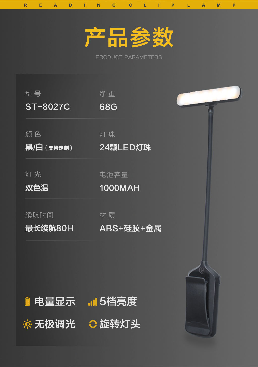 Double-row led reading lamp, rotating lamp head, eye-protecting book holder lamp, cross-border TYPE-C charging clip lamp pic 7