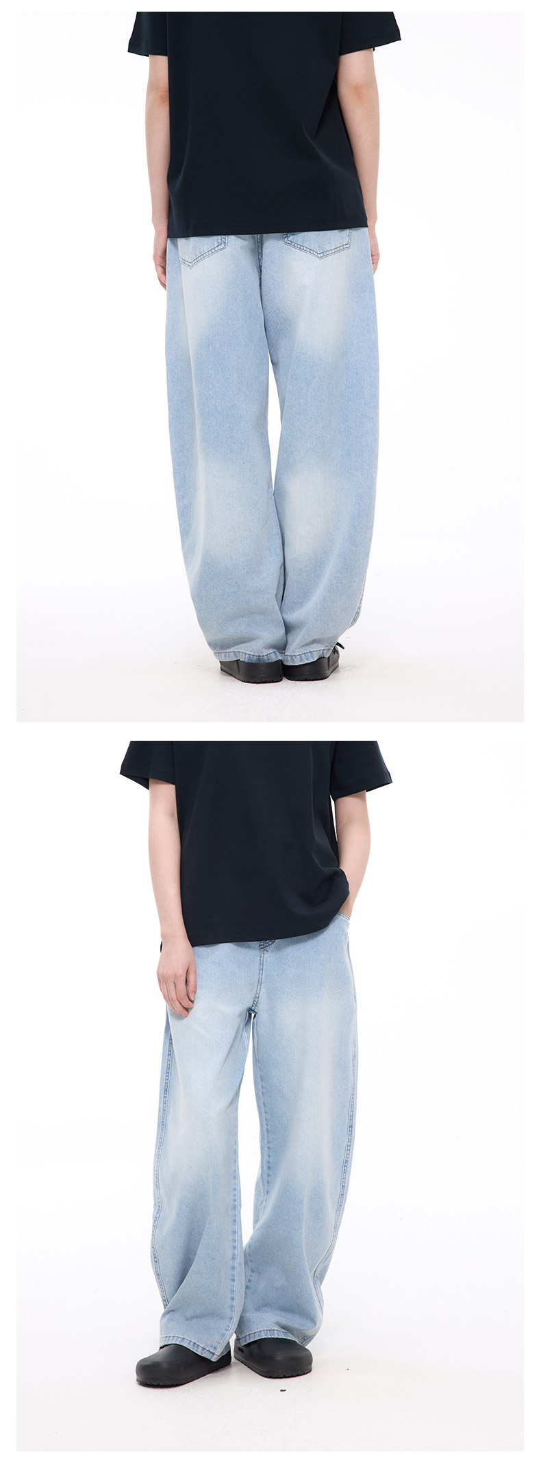 UNF 冰蓝水洗牛仔裤直筒休闲宽松显瘦阔腿弯刀裤浅蓝原牛男女新款详情9