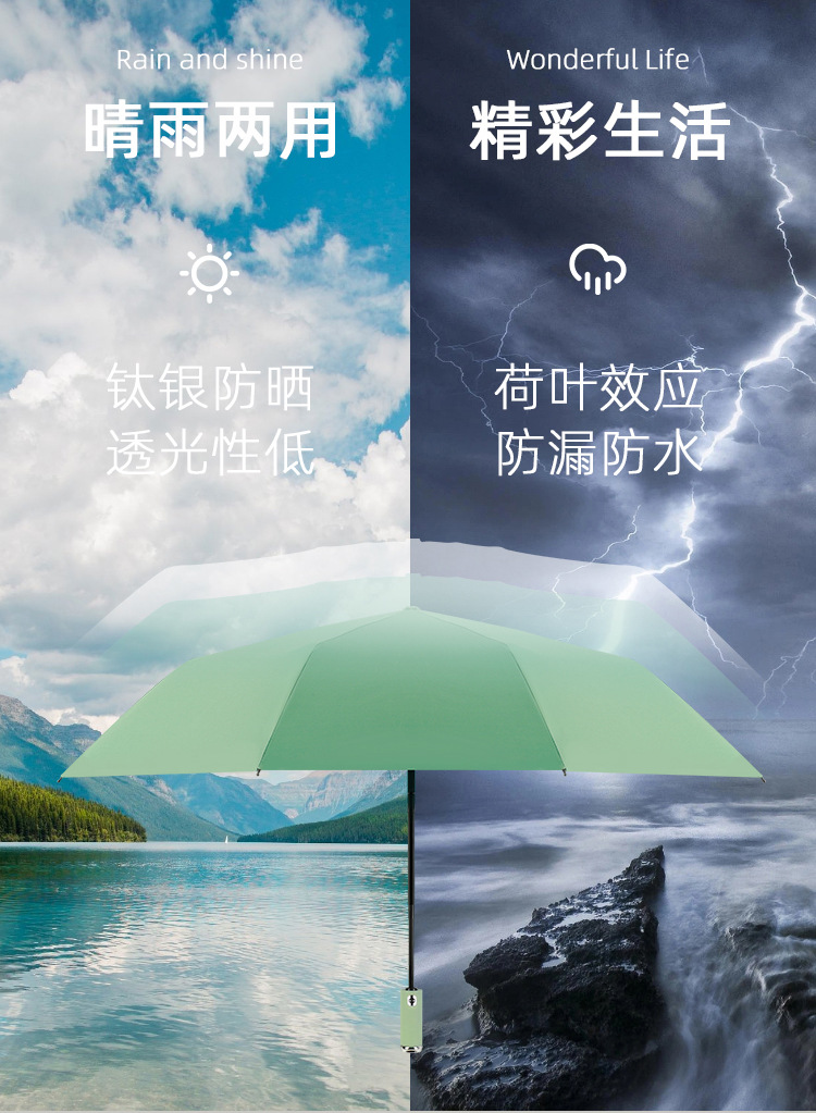 厂家批发全自动三折十骨三纤黑胶灯光防晒伞晴雨两用防紫外线雨伞详情9
