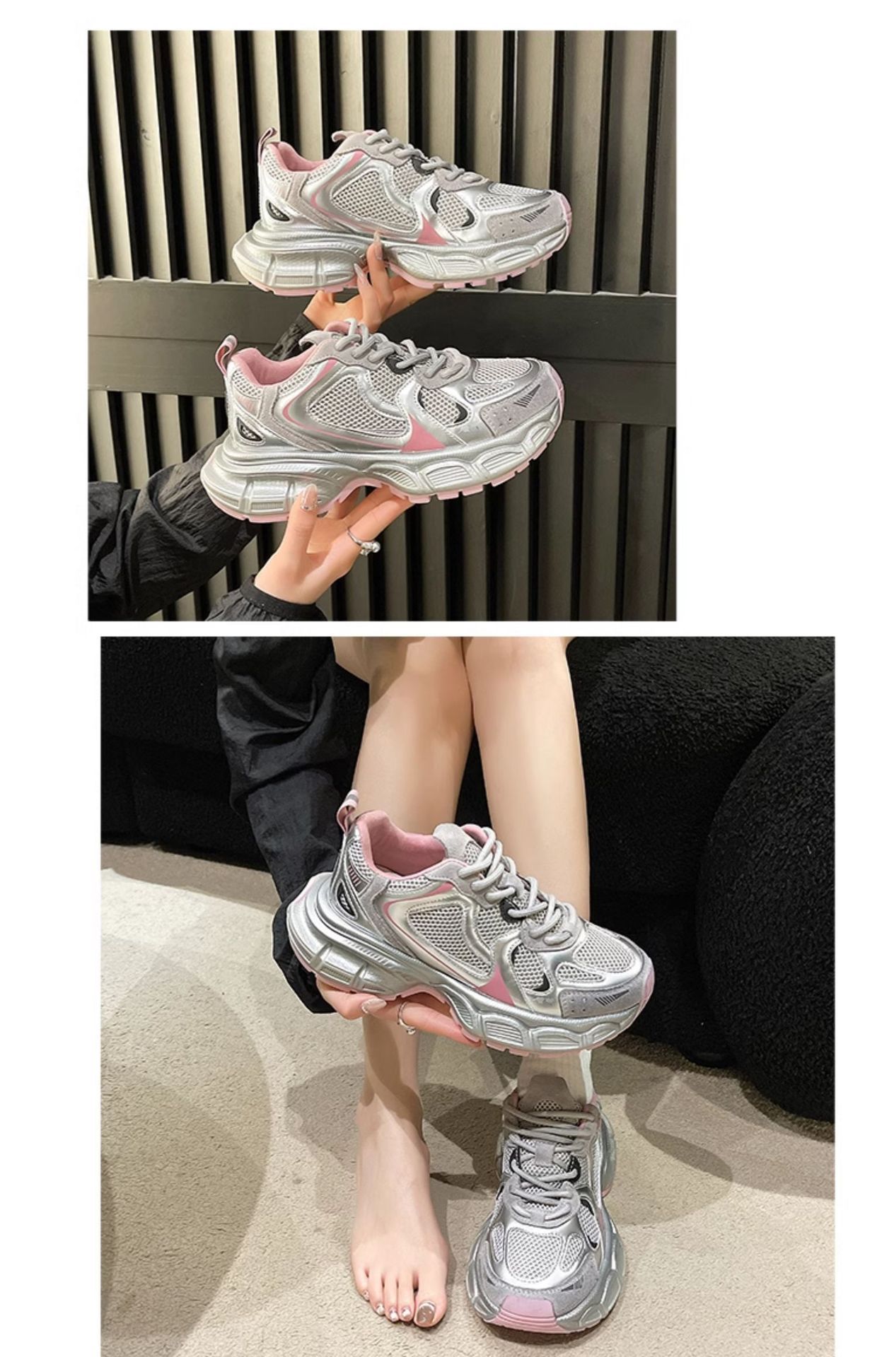 老爹鞋女2025春季新款厚底圆头网面休闲女鞋银色潮牌时尚运动鞋详情15