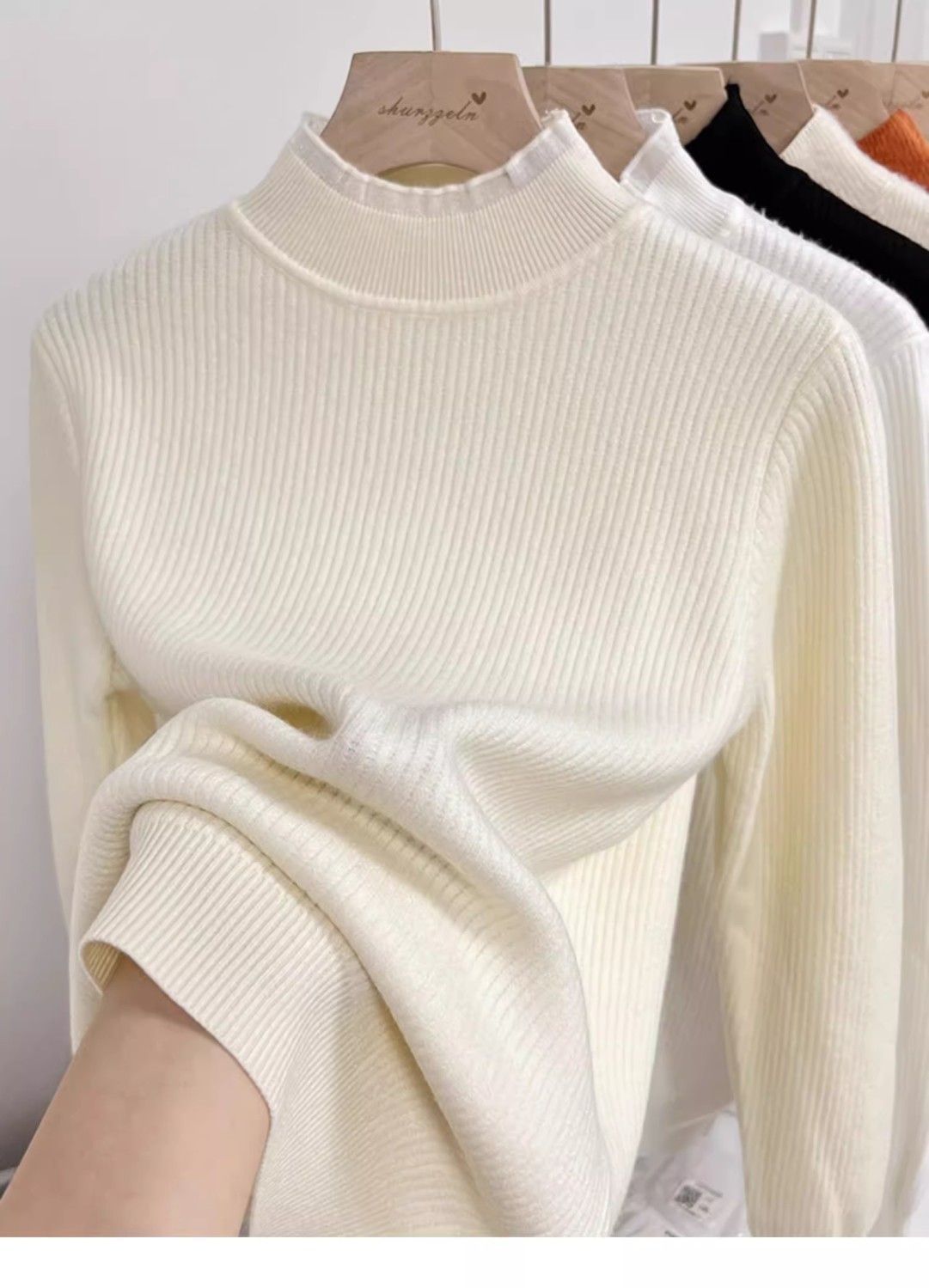 Autumn and winter semi-high neck with fleece lace one-piece fleece thickening 2024 new style black fungus knitted sweater base top sweater for women pic 2