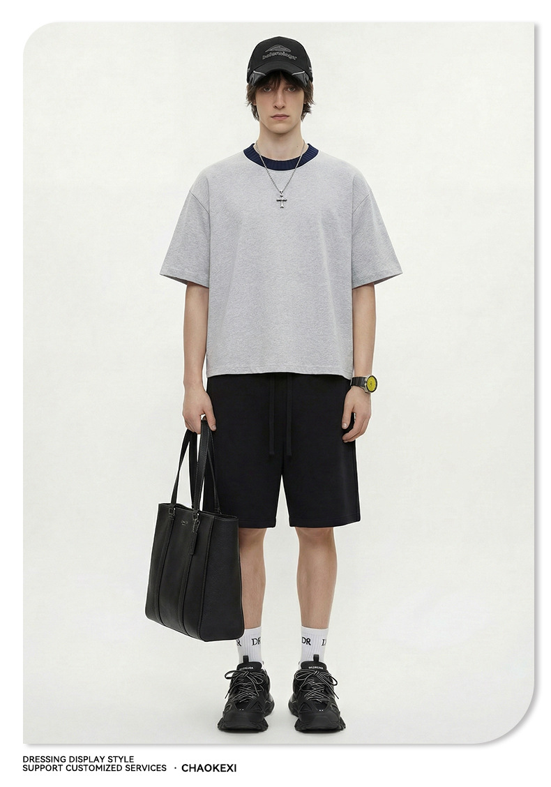 Summer new knitted patchwork color-blocking collar 100% cotton short-sleeved American trendy brand versatile short T-shirt top for men pic 17