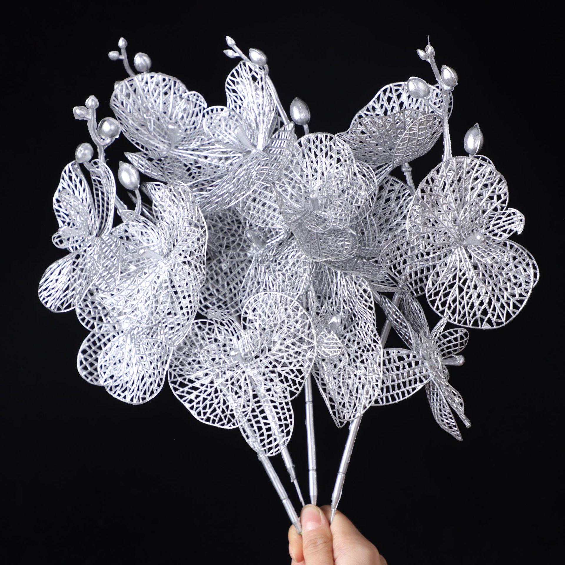 圣诞装饰金色蝴蝶兰花银色蝴蝶兰金银色蝴蝶兰花头叶子仿真花详情14