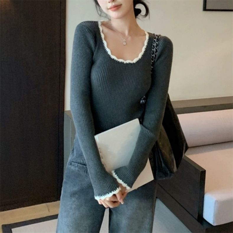 KANING复古撞色打底针织衫女2025春季新款法式气质修身内搭毛衣女详情6