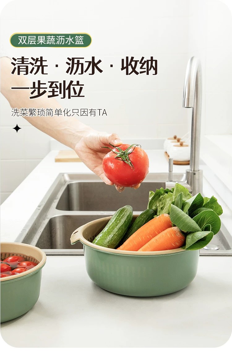 厨房双层镂空洗菜盆碗筷沥水篮多功能塑料圆形家用菜篮水果盆加厚详情13