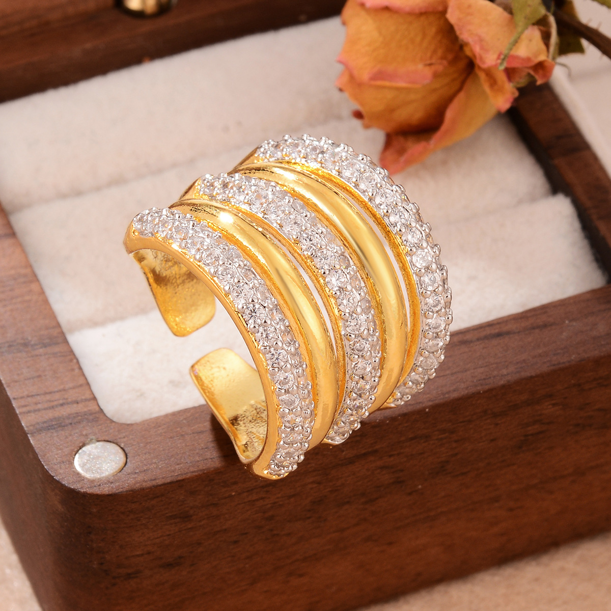 Simple and fashionable metallic style, irregular geometric pattern open ring set with zircon, versatile and fashionable texture hollowed-out jewelry pic 18