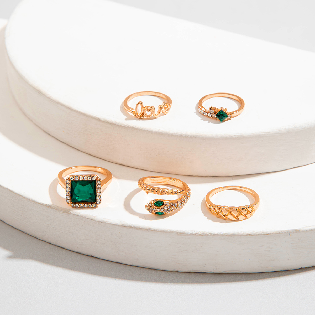 欧美跨境复古金属仿祖母绿镶钻戒指套装设计感爱心蛇形戒指套装女详情13