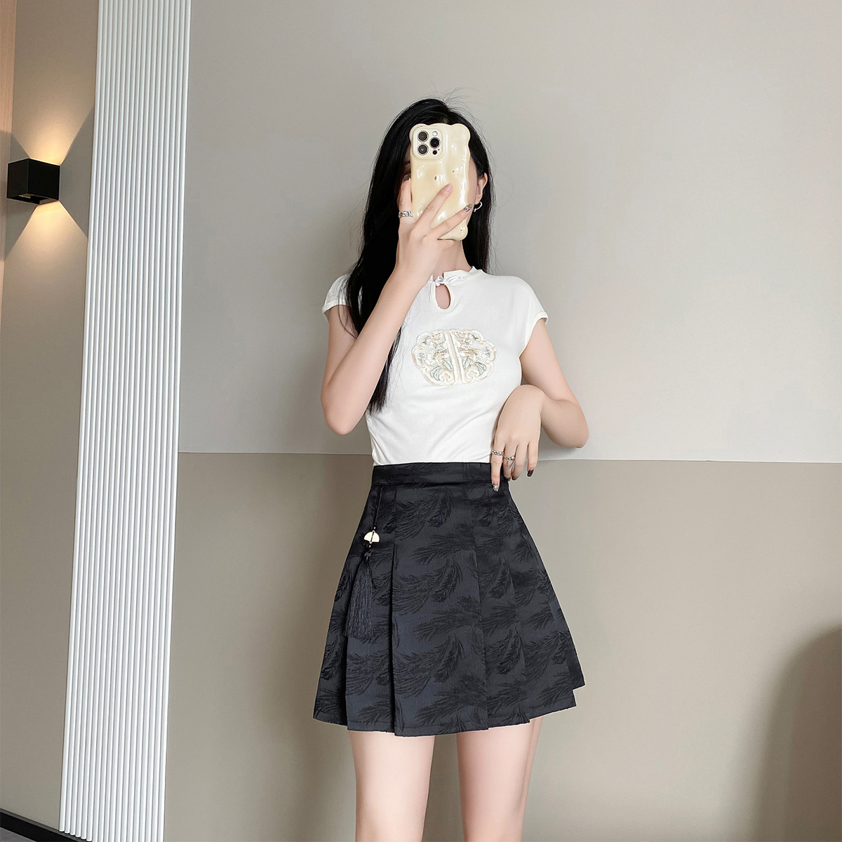 Chinese-style jacquard pleated skirt, short skirt, high-waisted, slimming and youthful A-line skirt, summer short and versatile horse face skirt pic 9