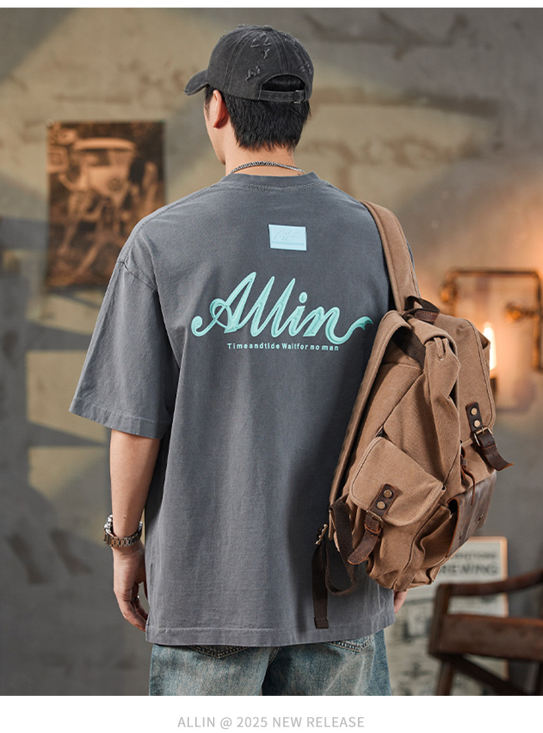 ALLIN pure cotton heavy-duty short-sleeved T-shirt for men, a summer trendy brand with three-dimensional printed letters and loose round-neck couple tops pic 18