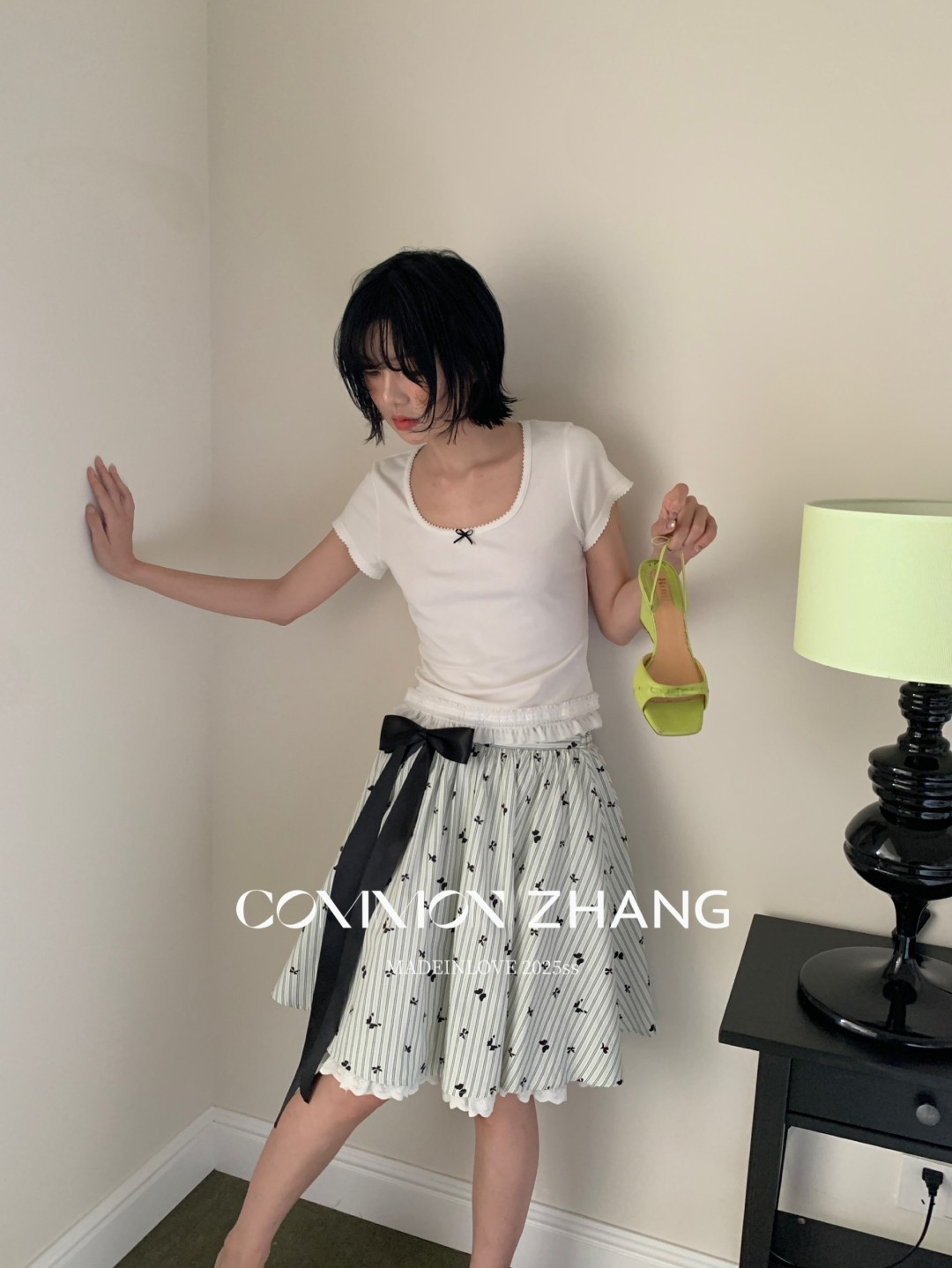 CZ ZHANG夏季韩版少女感减龄蝴蝶结拼接U领纯色天丝短袖T恤B20757详情26