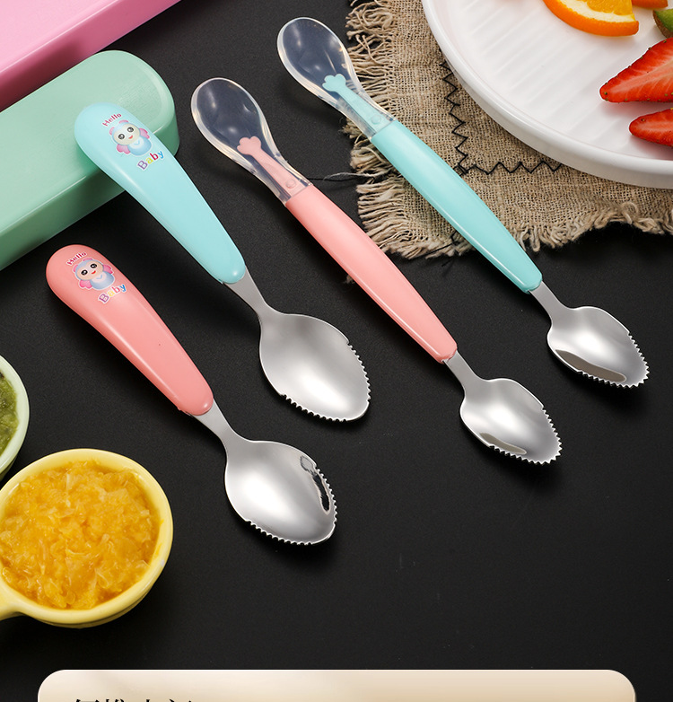 便携儿童餐具水果勺双头两用卡通宝宝硅胶刮泥勺婴儿辅食挖泥勺详情4