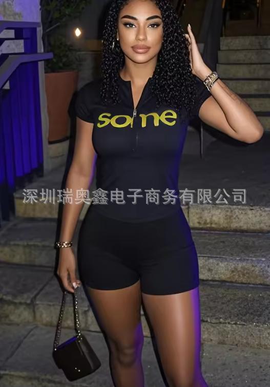 Cross-border European and American sexy color-blocking short-sleeved jumpsuit, tight shorts, hot girl sporty slimming and shaping short-sleeved set pic 1