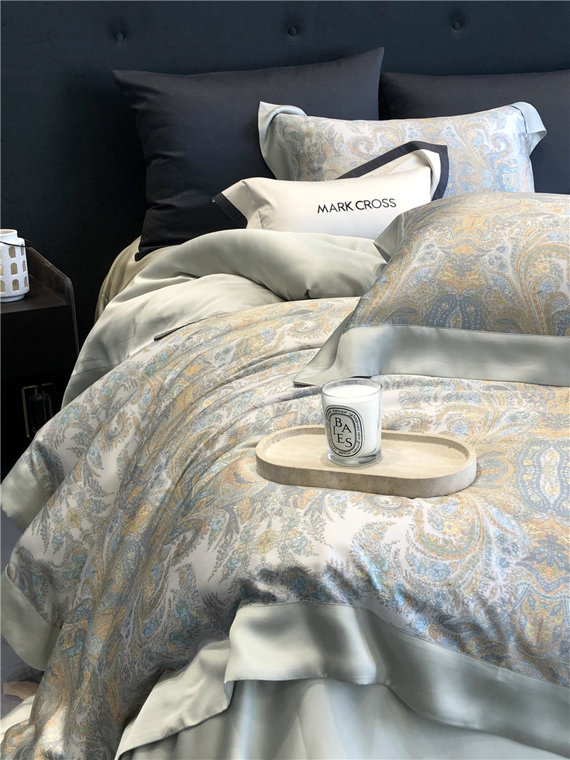 Cool ultra-fine denier Tencel summer light and cool condensation filament four-piece set, elegant printed sweat-absorbing nude bedding pic 23