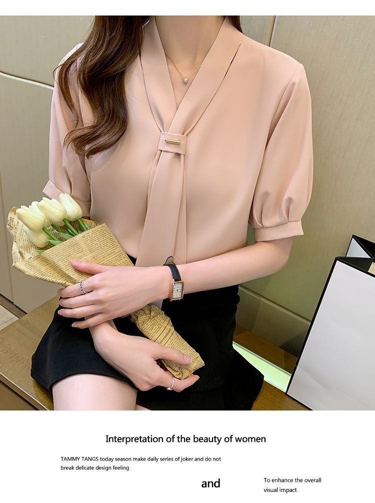 夏季短袖衬衫女装2024夏季新款气质蝴蝶结职业白领工作服短袖衬衣1详情16
