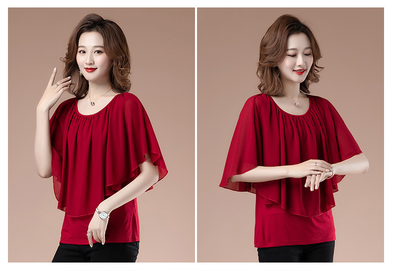 Loose to cover the belly 蝙蝠衫 short-sleeved round-neck chiffon blouse for women in summer, plus-size T-shirt for middle-aged mothers, and all-cotton T-shirt pic 13