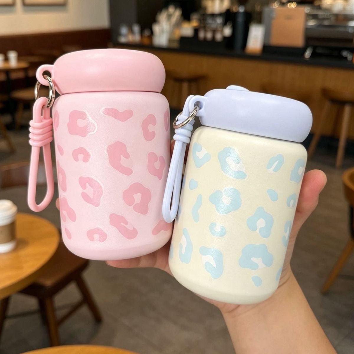 Thermos cups for girls, niche, high-appearure-level students, portable outdoor leopard print straw cups, stainless steel cups pic 4