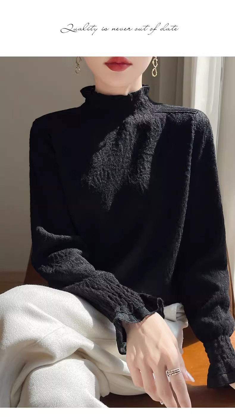 The 2025 autumn/winter new style lace and black ear-trimmed semi-high neck base layer for women is super stylish. Pair it with an A9325 sweater pic 26