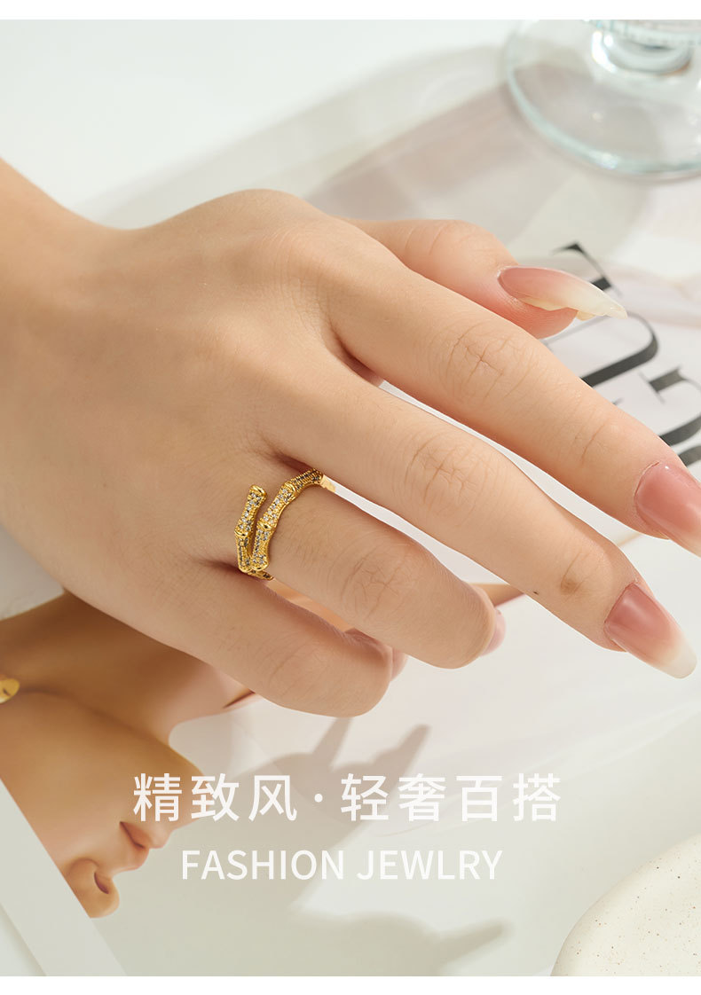 A light luxury double-layer overlapping bamboo-joint open ring with a high-end feel. It is made of copper alloy, set with zircon, and electroplated with real gold for adjustment pic 11
