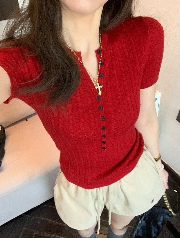随性老钱风！夏季新款纯色短袖修身针织衫女简约v领红色上衣t恤详情1