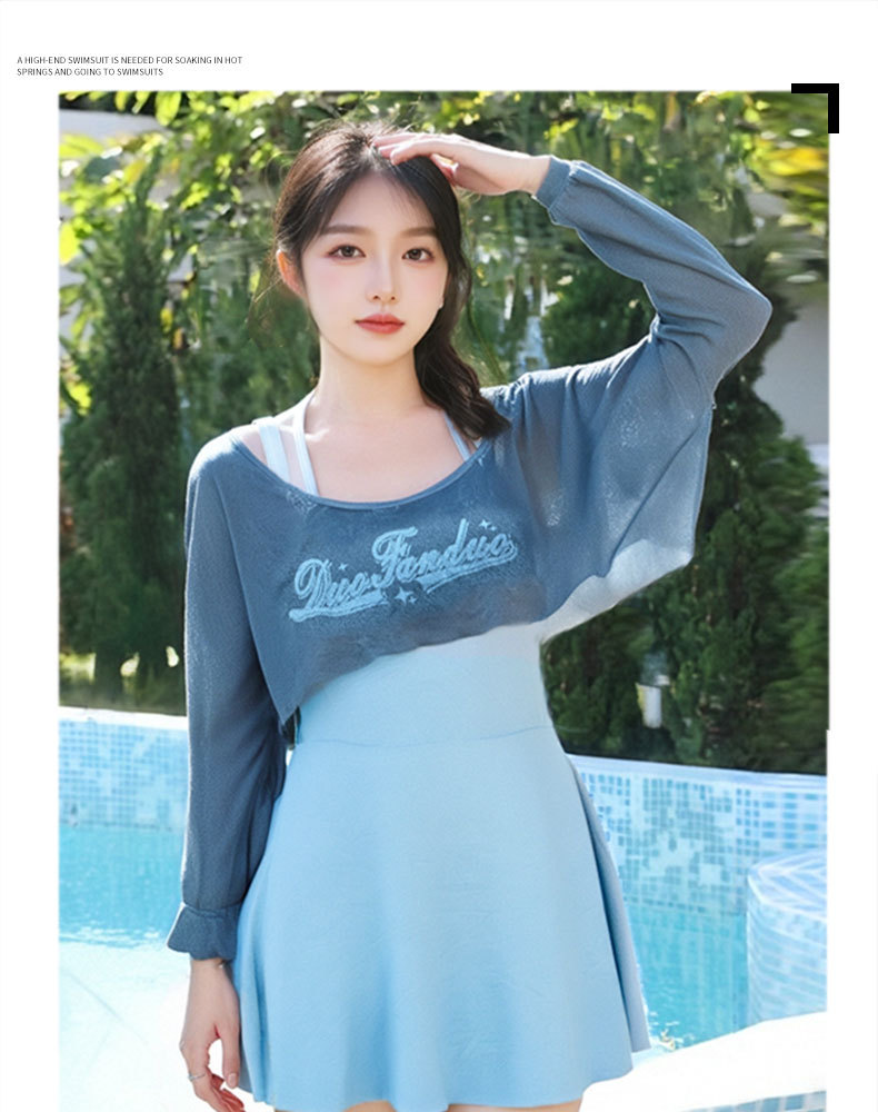 挂脖吊带夏连体泳衣三件套大码长袖罩衫保守遮肚显瘦胖mm度假泳装-125169详情4