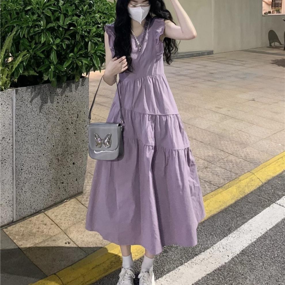 紫色小飞袖温柔风连衣裙夏季女2025新款蓬蓬裙法式设计感奶甜裙子详情2
