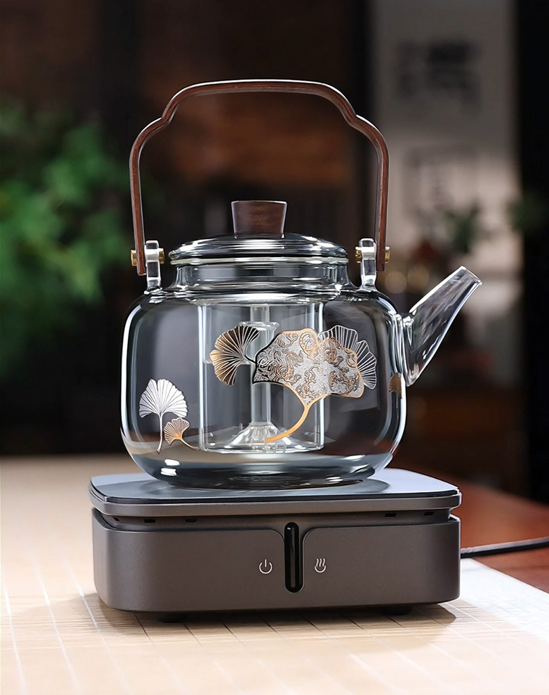 围炉煮茶壶提梁壶高硼硅玻璃茶壶胡桃木把煮茶壶双胆蒸煮一体茶壶详情1