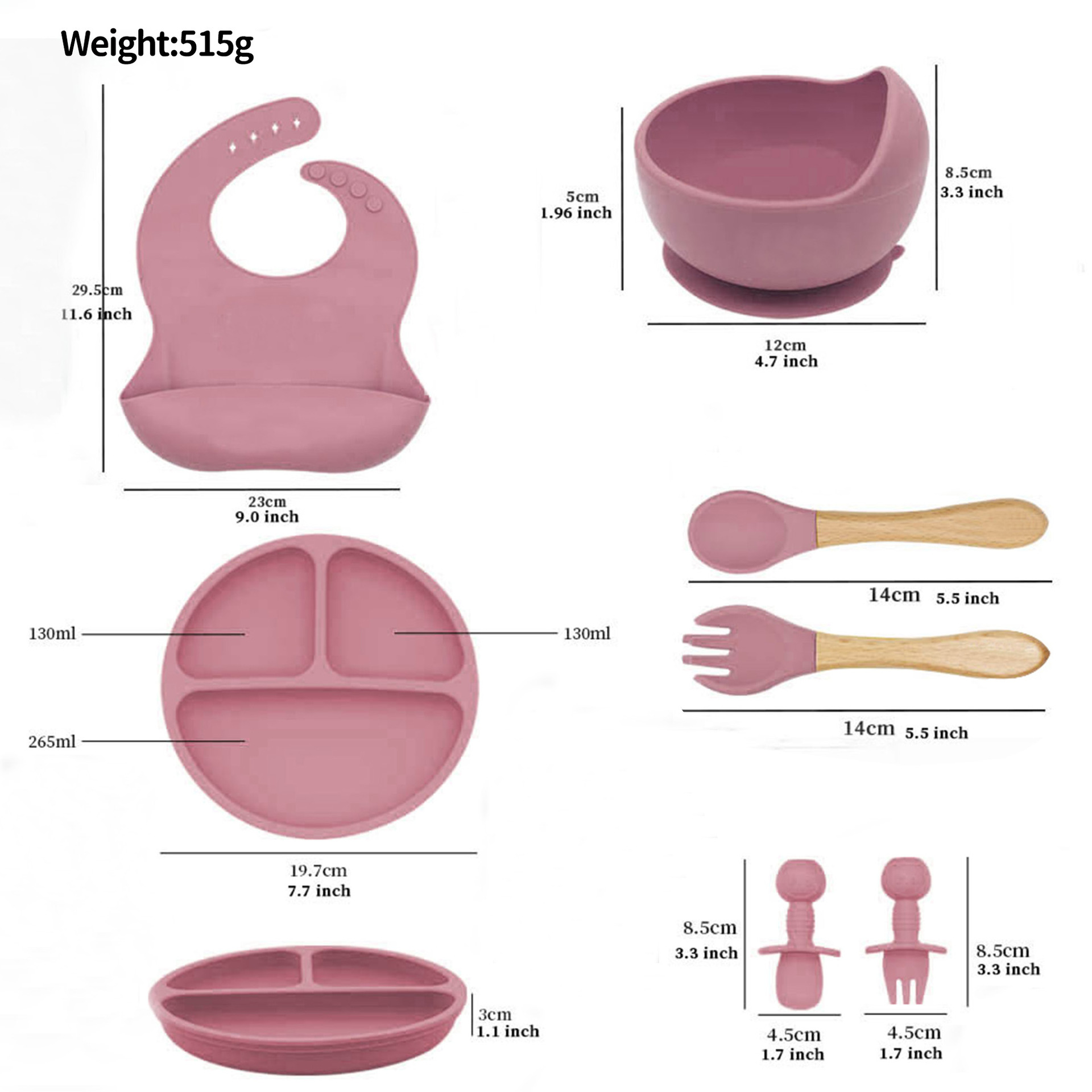 食品级硅胶餐具宝宝吃饭围兜吸力餐盘碗软勺叉婴幼儿自主吃饭七件详情2