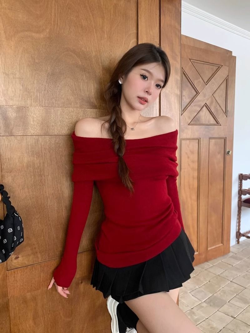 露肩一字肩上衣针织衫女秋装新款修身长袖红色漏肩黑色一字领毛衣详情3