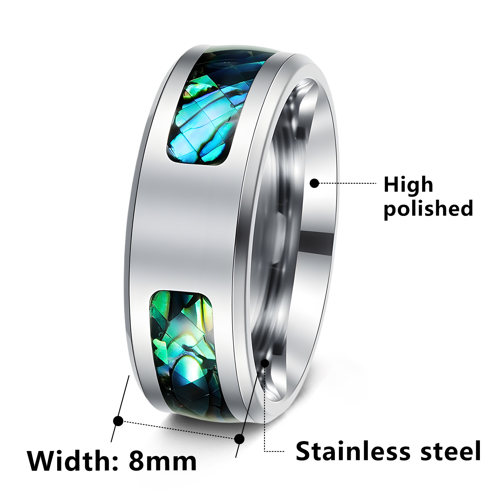 Amazon europa y américa venta caliente adornos incrustados abalone shell half circle para los hombres anillo de acero inoxidable logotipo se puede imprimir pic 2
