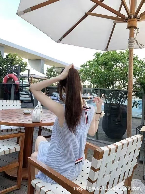 原标高品质TB海盐蓝娃娃裙减龄可拆卸领条显白肌理感无袖连衣裙女详情9