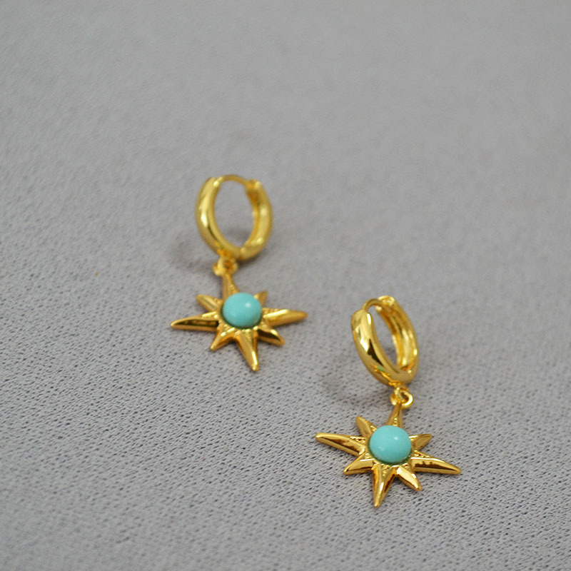 欧美跨境小众设计复古简约八芒星镶嵌绿松石黄铜镀金耳环耳扣耳饰详情4