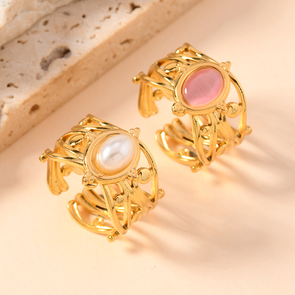 跨境热销不锈钢戒指轻奢宫廷风油压藤蔓镶宝石戒指开口戒钛钢饰品详情4