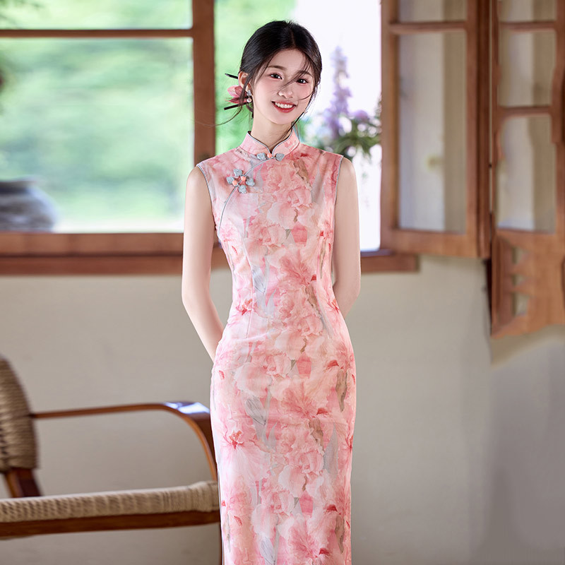 国潮粉色国风传统中式长款旗袍改良年轻款2025新款女复古修身短袖夏季详情4