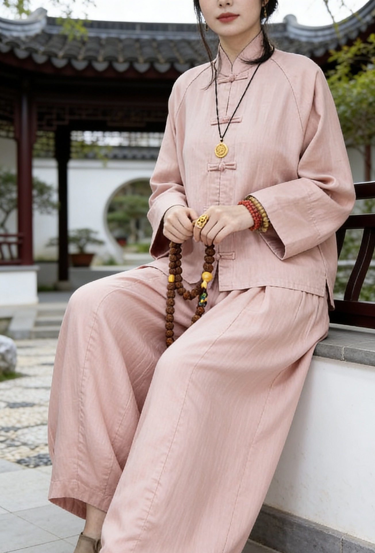 国潮天丝亚麻新中式禅意唐装盘扣国风两件套外套灯笼裤春夏款女套装详情3