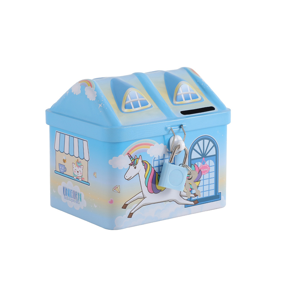 Cross-border new dreamy castle piggy bank, children's cartoon unicorn with lock, iron piggy bank, loose change storage box pic 10