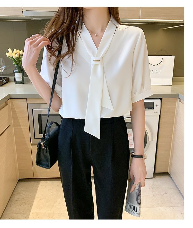 夏季短袖衬衫女装2024夏季新款气质蝴蝶结职业白领工作服短袖衬衣1详情7