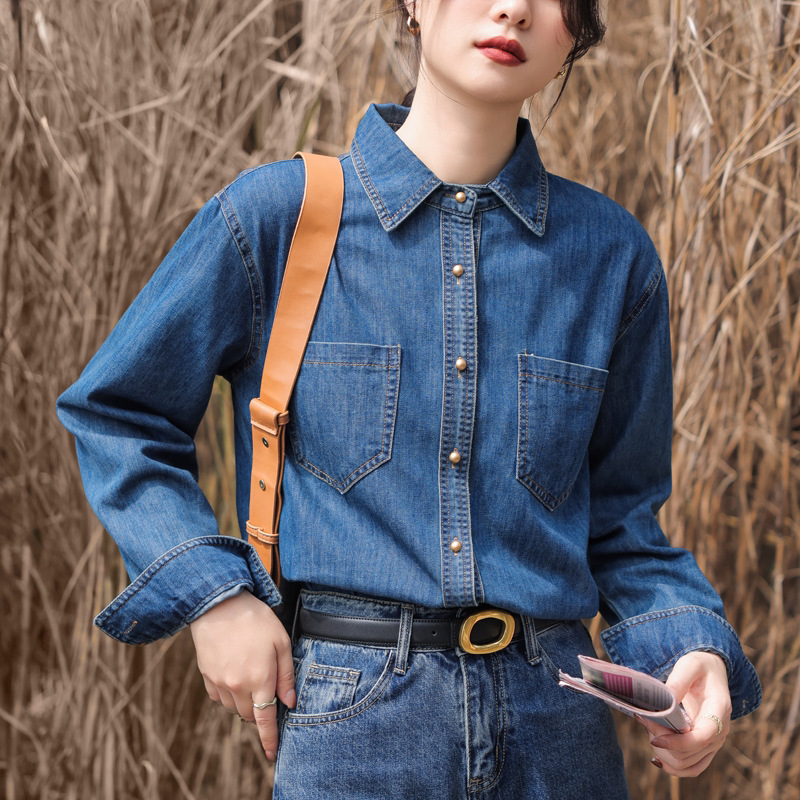 牛仔衬衫女2024春秋新款百搭蓝色韩版时尚休闲宽松翻领大码衬衣详情2