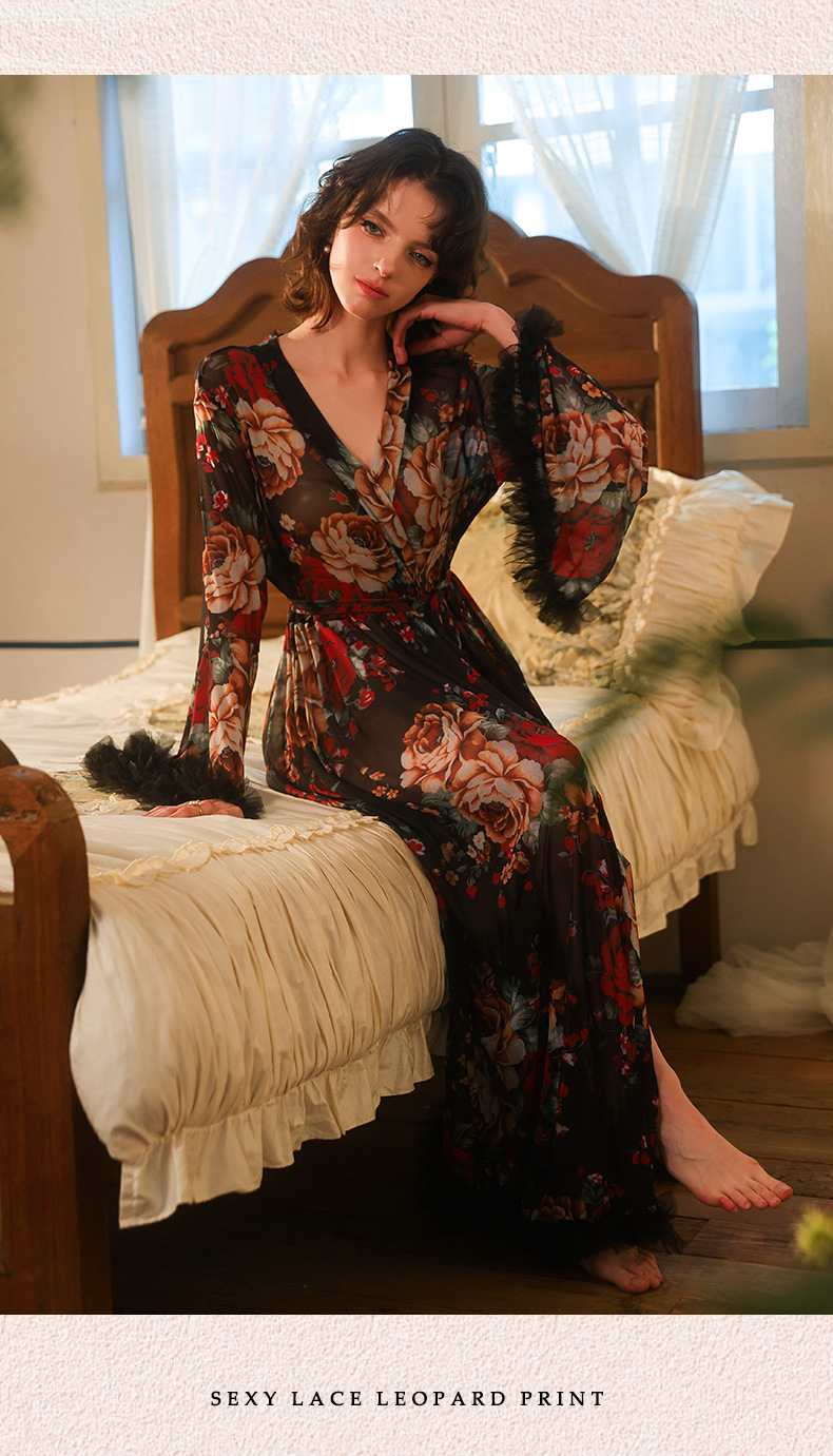 Ambiance vintage francés floral toga manga larga cuello en V fleece adorno con cordón cierre cintura inicio robe 1119 pic 13