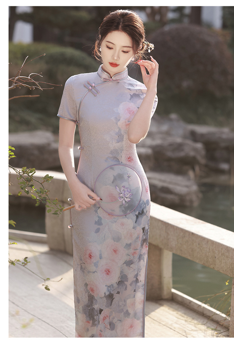 国潮仟金公主双层提花丝绸修身显瘦气质改良年轻款长款走秀旗袍连衣裙详情12