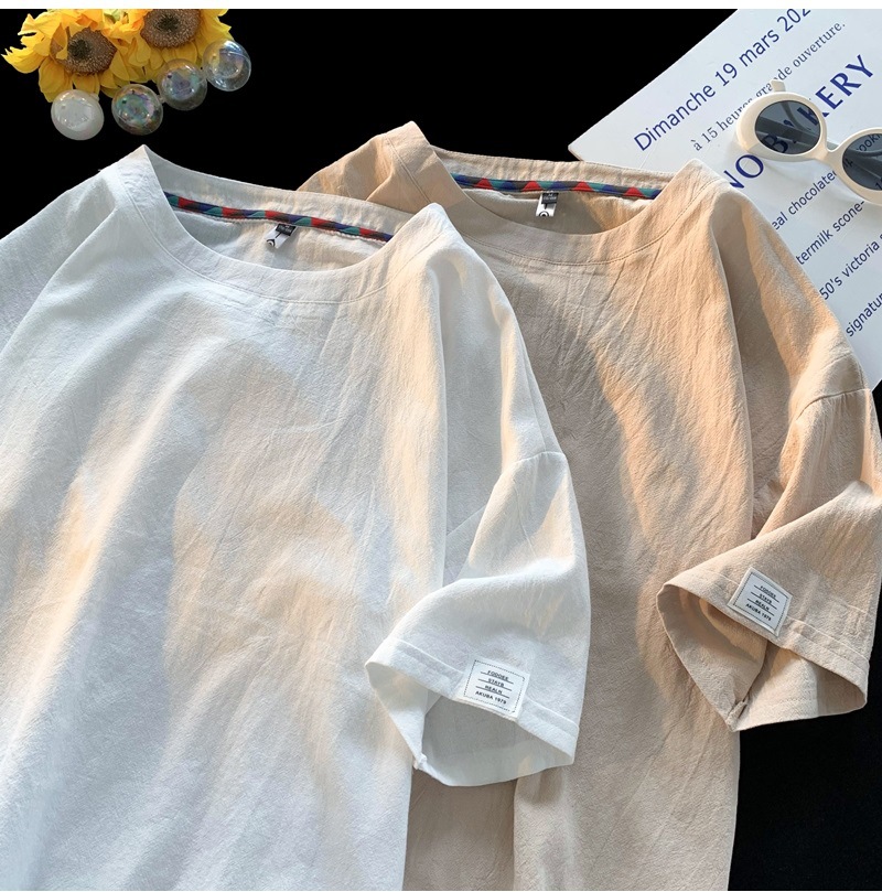 Linen short-sleeved T-shirt for men, a new summer trend. Cotton and linen half-sleeved loose solid color base layer, a trendy T-shirt top pic 8