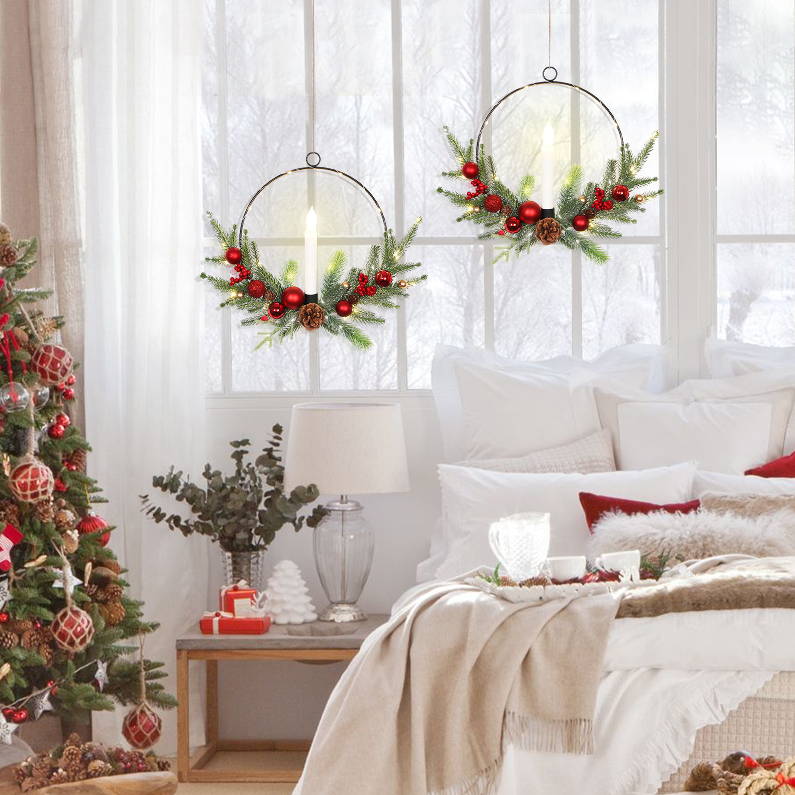 跨境圣诞节烛台花环仿真松针带松果门挂墙饰家居节庆气氛布置壁挂详情9