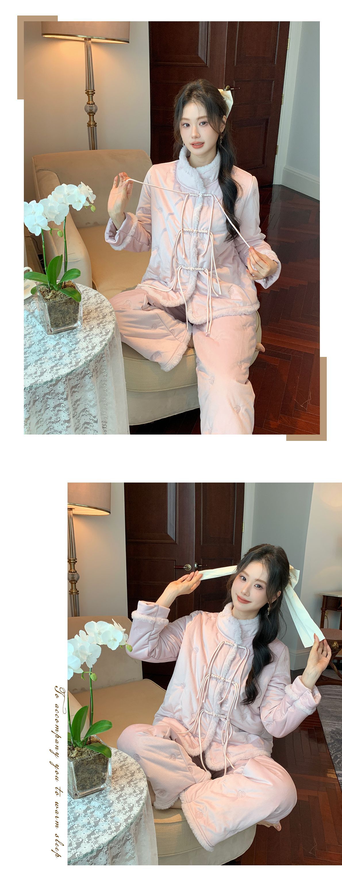 New Chinese-style stand-up collar set for women in autumn and winter, three-layer cotton and fleece thickened home wear, suitable for wearing outside in winter pic 8