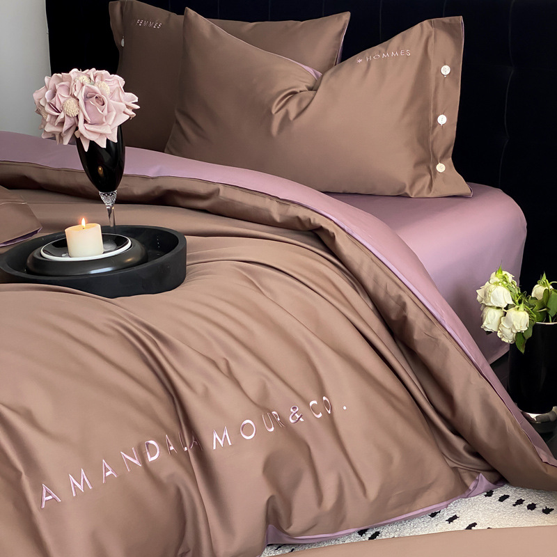 Simple, light luxury and fashionable solid-color long-staple cotton four-piece set, pure cotton letter-embroidered duvet cover, double bedding pic 54