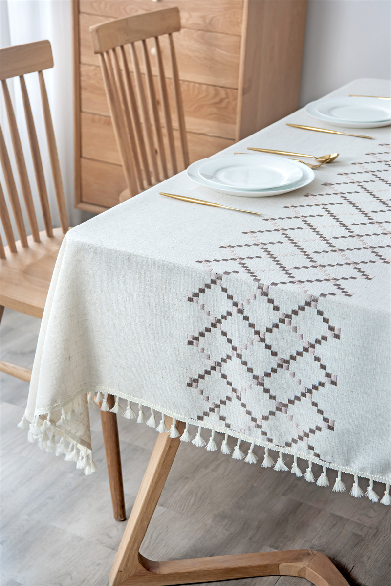 Amazon cross-border embroidered checkered flower tassel tablecloths, rectangular coffee tables, tablecloths and table coverings manufacturer embroidery pic 44