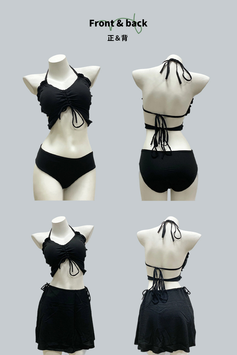 纯欲风分体裙式泳衣女绑带吊带小胸聚拢纯色度假泳池比基尼套装-107041 pic 2