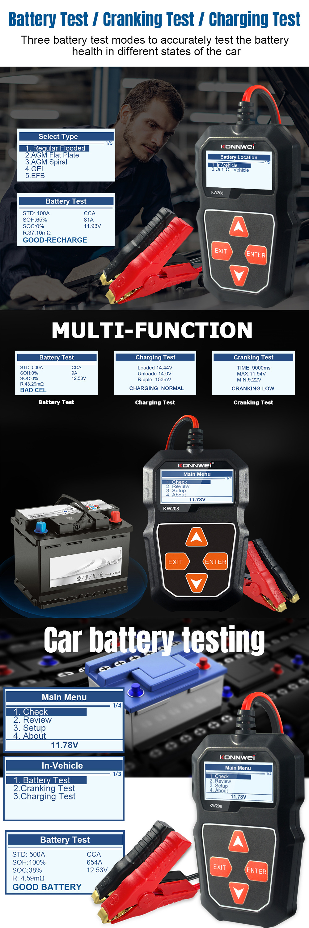 KW208 battery analyzer battery tester for Automobiles and Motorcycles pic 2