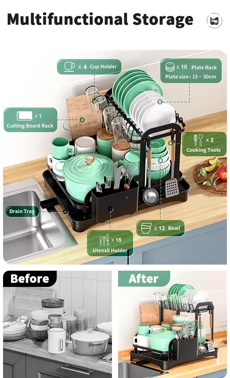 跨境亚马逊一体碗盘收纳架厨房置物架家用沥水碗碟架多功能碗筷架详情3